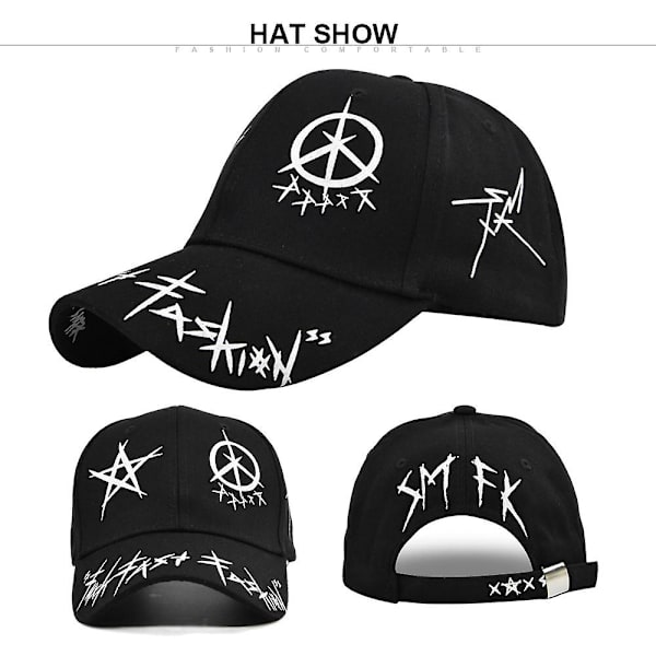 Sort-hvid farveblokering Baseball Cap Femtakket stjerne Graffiti Baseball Cap Student Bredskygget Peaked Cap Dome Solskygge