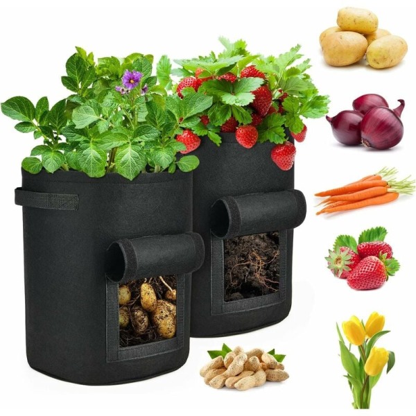 Tomatplanteringspåsar, 5-pack non-woven planteringspåsar, trädgårdspåsar med handtagsremmar, krukor för ventilationstyg, svart - 5 gallon (20L)