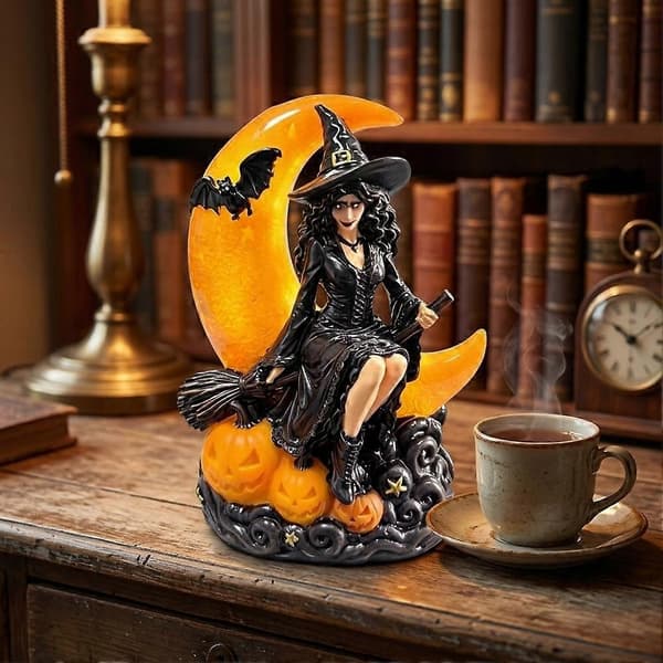Halloween Heksemåne-statue gotisk nattlys dekor harpiks 13x18 cm