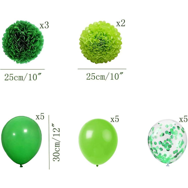Grön födelsedagsfestdekorationsset - banderoll, konfetti, ballonger, tofspompom