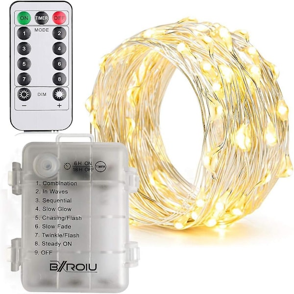 2 x 50 LED-lampor batteridrivna ljusslingor 5 meter mikro silverkabel 3AA vattentät med 8 program fjärrkontroll (varmvit)