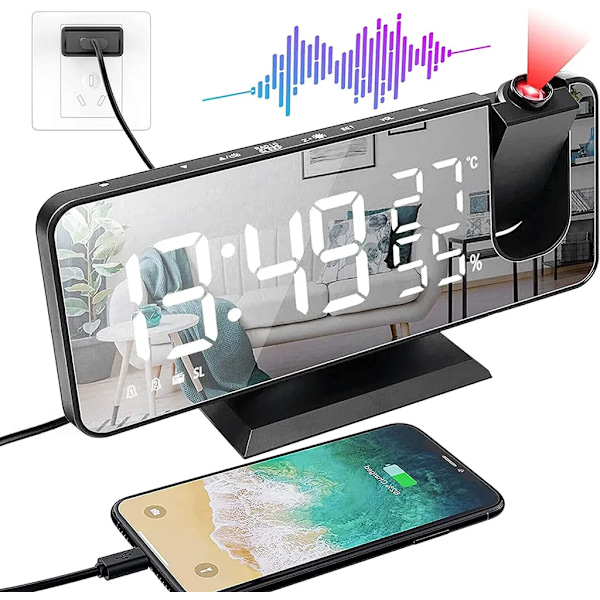 LED digital väckarklocka med 180° projektion, stor LED-display med USB-port, snooze dubbelalarm, 4 projektionsljusstyrkor med automatisk dimmer