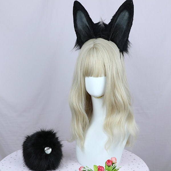 Tyylikäs pupunkorvat -panta ja häntä turkis Halloween Cosplay naisille ja tytöille (valkoinen musta)