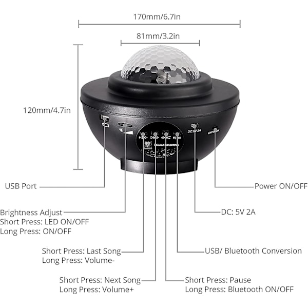 Led-projektorlys Projektor Natt Fargeendring Musikkspiller Bluetooth