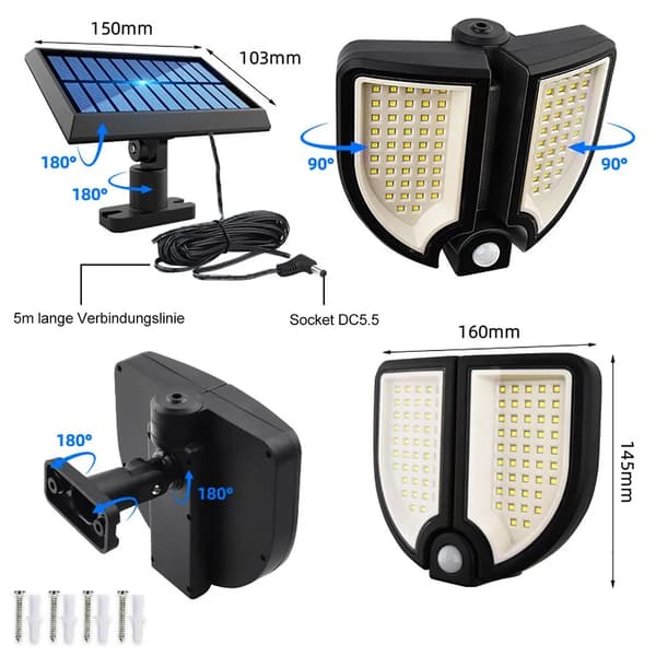 Solcellelamper til udendørs, 3 tilstande 90 LED solcellelys udendørs med bevægelsessensor, IP65 vandtæt solcellelys til have