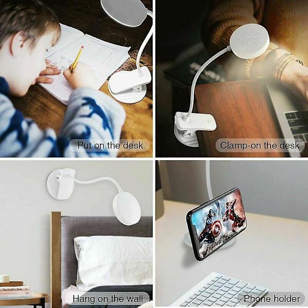 Skrivbordslampa med klämma, LED 3 färger steglös dimbar klämlampa för säng, 360 flexibel läslampa bok läslampa, med stativ