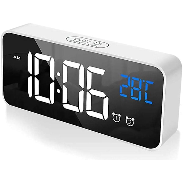 Digital väckarklocka, LED digital väckarklocka spegel skrivbordsklocka USB uppladdningsbar reseväckarklocka med 2 larm/snooze/temperaturvisning/röststyrning