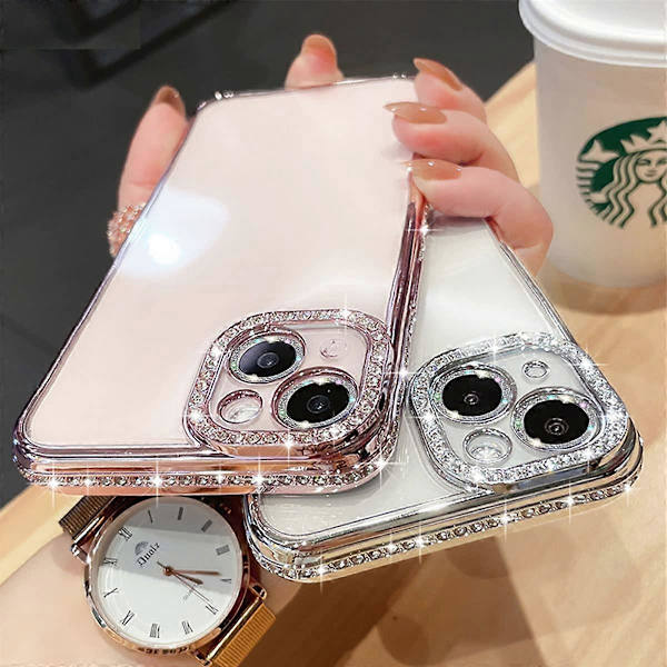 iPhone 14 Pro Max 6.7'' Glitter Pläteringsskal, Söt Lyxig Bling Strass Diamanter Mjuk Stötfångare Transparent TPU Tunn Lätt Skal för Apple