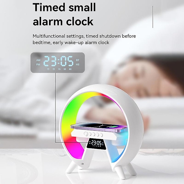 Multifunksjonell klokke Bluetooth-høyttaler lite nattlys med trådløs lader soverom atmosfærelys