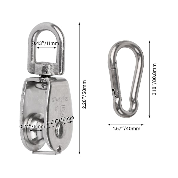 2 x Fjäderhakar i rostfritt stål 2x Remskivblock 70x20x15mm Silver