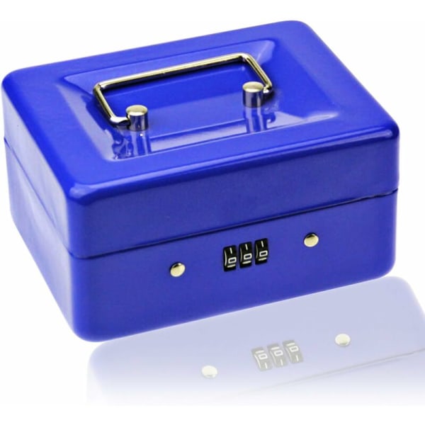 Pieni kassalaatikko yhdistelmälukolla - kestävä metallinen kassalaatikko kassalokerolla, 15 × 12 × 8 cm (sininen, pieni)
