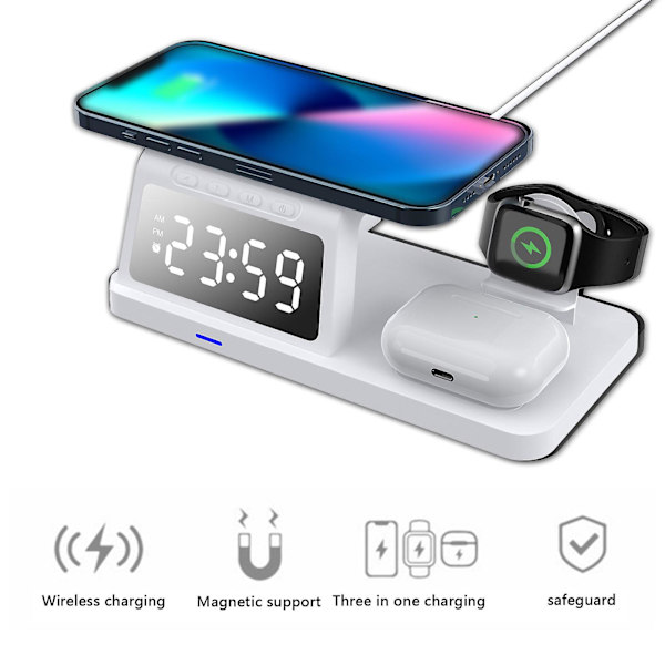 Trådlös laddningsstation med digital väckarklocka Laddningsstation för flera enheter 15W trådlös laddningsstativ Kompatibel med IOS & Android