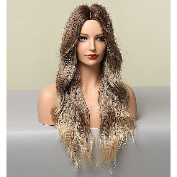 Ombre brune parykker for kvinner, syntetisk hår blond bølget ombre parykk, limfri lang