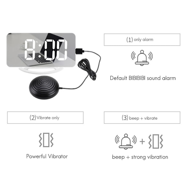 Hög ljudvibrerande väckarklocka Snooze för tunga sovande vuxna döva, digital spegelklocka med sängvibrator