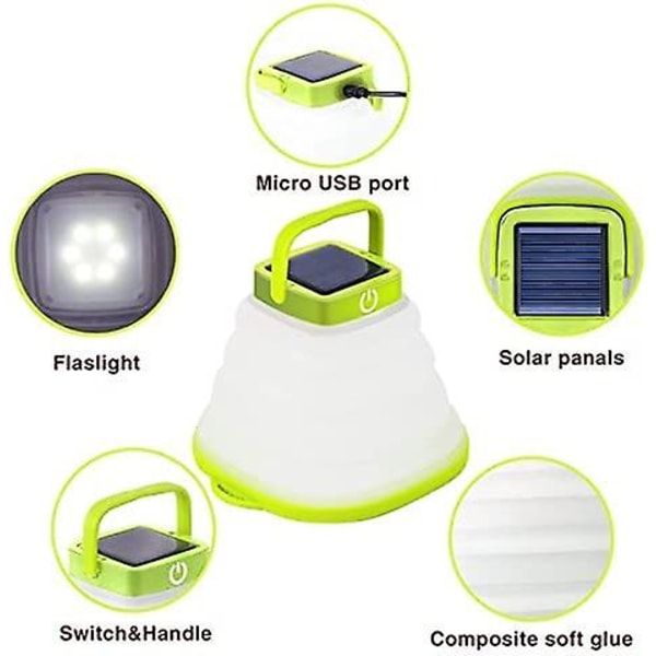 Dww-green hopfällbar campinglampa, bärbar utomhuscampinglykta soltältlampa uppladdningsbar nödlampa, formad design