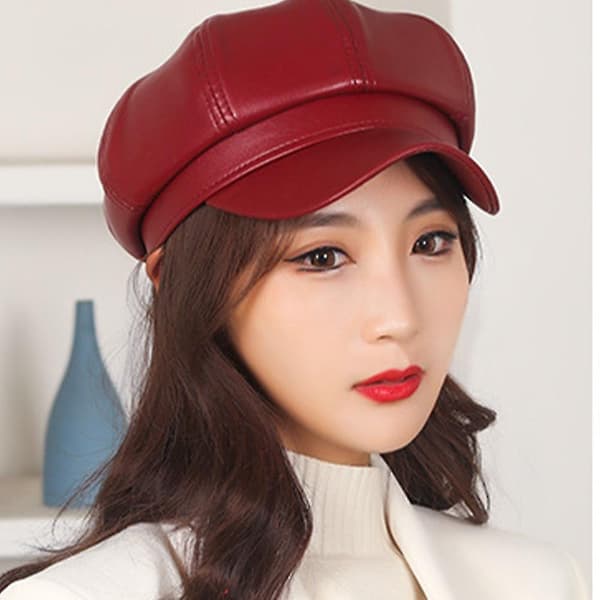 Hat Pu Læder Cab Maler Hat Ivy Beret Gatsby（rød）