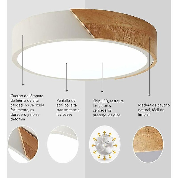 Trestre taklampe i tre 12W Moderne rund tre taklampe kald hvit 6500K Slank innendørs taklampe Diameter 23*5cm Egnet for stue kjøkken B