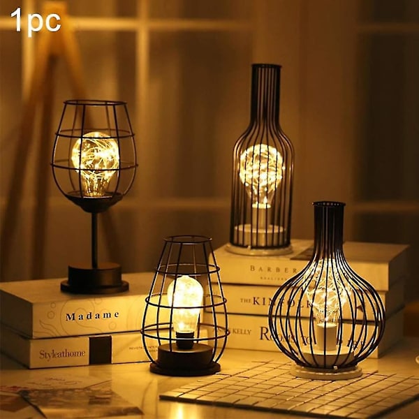 Svart metalltrådsbordslampa - Rött vinglasformat modernt järnkorg nattljus