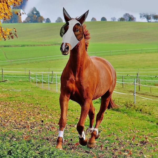 Hästmask med öronflugamask, skyddar mot UV-strålar och flugor, bekväm och töjbar, passar de flesta stora hästar