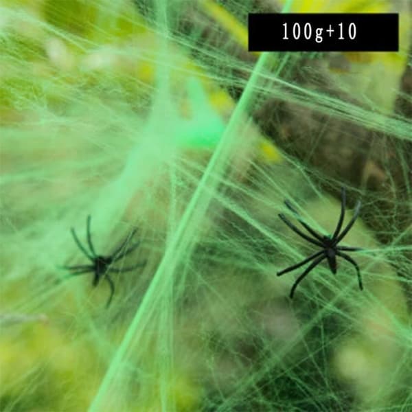 Halloween Spindelvævsdekoration - ANNEFLY 100g Strækbart Spindelvæv - 10 Plastik Edderkopper - Grøn