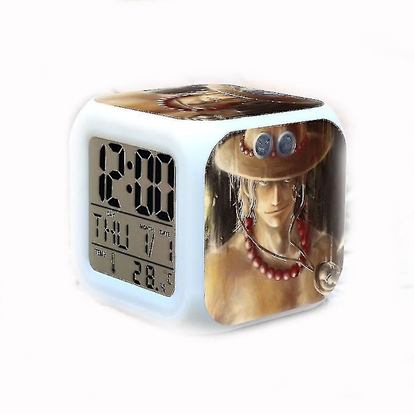 One Piece Ace Barnklocka för Barn Digital LED Väckarklocka Nattlampa Lysande Skrivbordsklocka Med Termometer