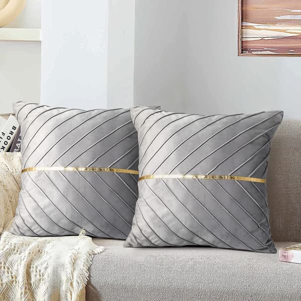 Sammetskuddfodral 18x18, 2-pack, Dekorativa Lyxiga Moderna Kuddfodral för Vardagsrum, Sovrum, Soffa, Säng med Guldläder (grå