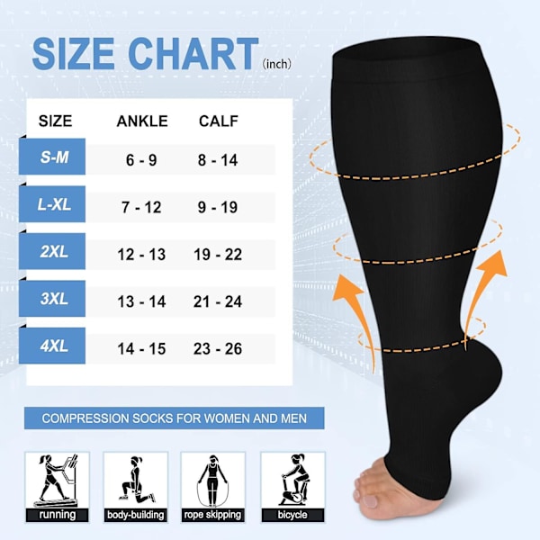 3-pack kompressionsstrumpor i koppar för kvinnor och män, 20-30 mmHg öppna tåstrumpor för knästödscirkulation/3X-Large-svart