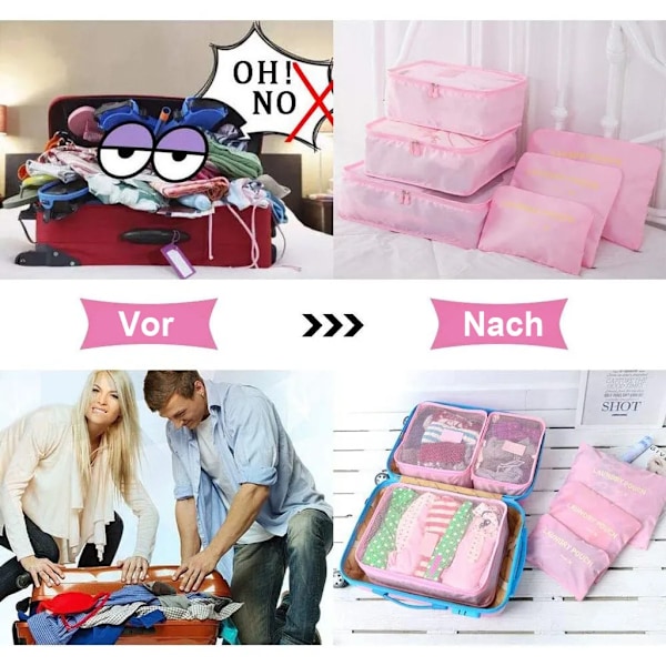 Packningskub Resväska Organizer Set med 6 för Ryggsäck och Resväska, 3 Packningskuber och 3 Förvaringspåsar, Reseklädväskor (Rosa)