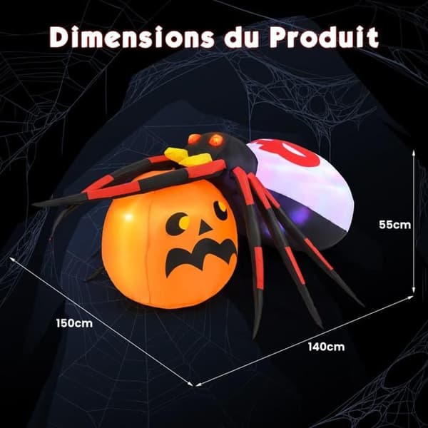 Oppblåsbar Halloween-edderkopp med gresskar, LED-belysning og roterende lys, utendørs hagedekorasjon