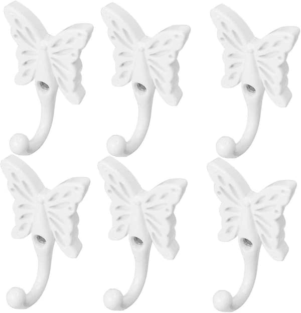 6 stk veggmonterte kleskroker i sinklegering, sommerfuglformede DIY-kroker, hvit