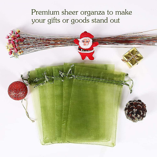 100 stk. Organza-poser med snøre i olivengrøn, 4 x 6 tommer sliknetposer