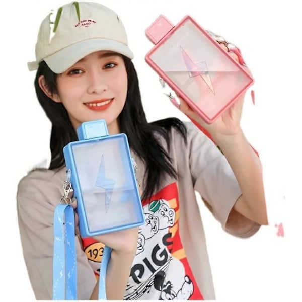 Modern Minimalistisk Fashion Girl Plastkopp Blixt Bärbar Utomhus Rem Vattenflaska College Student Barn Vattenkopp Present (Färg: Blå, Storlek: