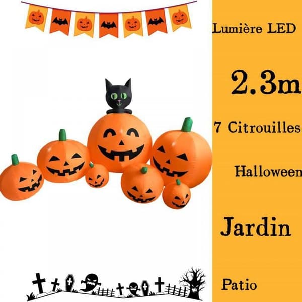 XJING - Halloween uteplatsdekoration - 7 uppblåsbara pumpadelar - 2,3 m - Vitt ljus