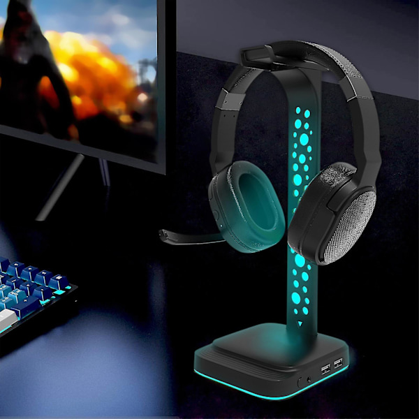 RGB Gaming Hodetelefonstativ, Hodesettstativ med 3,5 mm AUX og 2 USB-ladeporter, Skrivebord Gaming Hodesettstativ med Gummibase