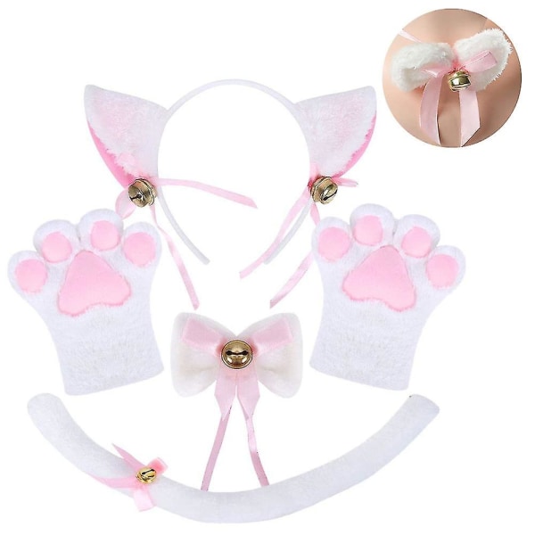 Cat Costume Halloween Plush Headwear Clip Ear Bow Tie Tail Gloves Set