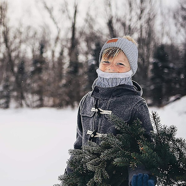 Slarvig stickad mössa för småbarn, babyskidmössa för flickor och pojkar och halsduk i samma färg (grå)