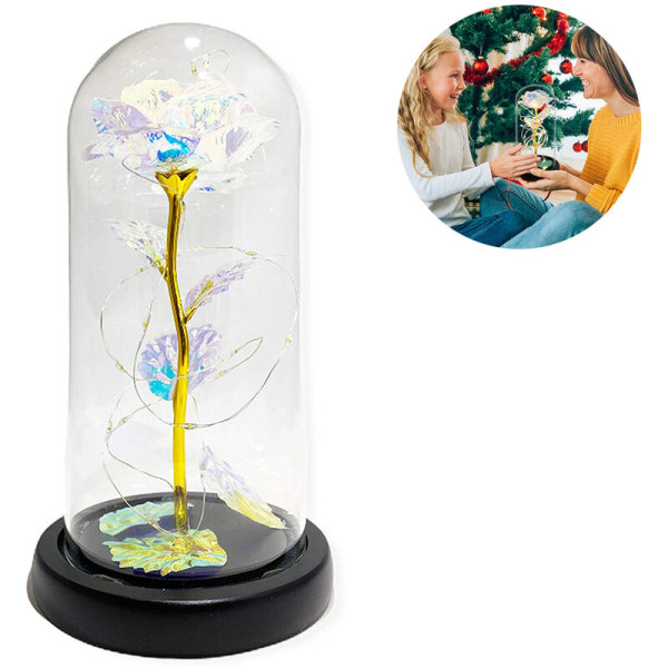 Lumottu ruusulamppu silkkiruusukultalehti ja LED-keijuvalot lasikupolilla puisella alustalla, romanttinen lahja ystävänpäivän hääpäiväksi