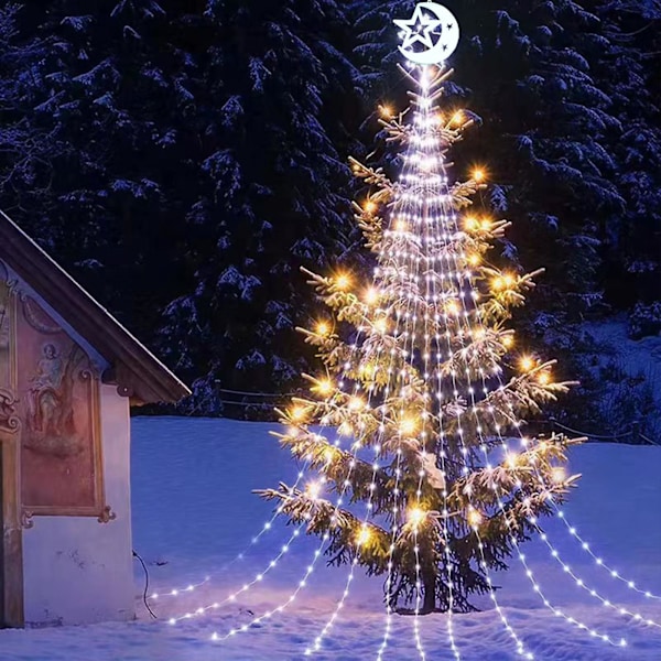 Ljus Chrismas solcells utomhus ljusslinga, uteplats regnsäker dekorativ julgran, vattenfall julbelysning, vattentät utomhus hängande uteplats veranda trädgård gård Funktioner:
