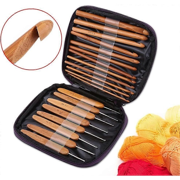 Bambuhandtag Häklnålar Sticka Väva Garn Hantverk Sticknålar, 20 St Bambu Häklnålar Set med Lila Väska