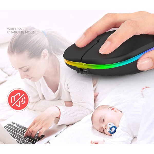 Led trådlös mus, uppladdningsbar tyst 2,4 g trådlös datormus med USB mottagare, untra Tunn Rgb