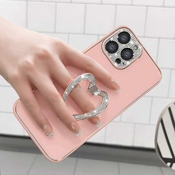 Kompatibel med iPhone 12 Pro Max Skal för Flickor Kvinna Söt Glitter Strass Plätering Skal Hjärta Vikbart Stativ Hållare Hård PC Bak Slätt TPU B