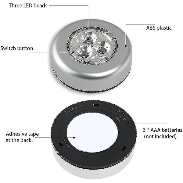 3 LED-lampor på batterier - Du måste trycka på dem för att slå på dem - Vitt ljus (6 st)