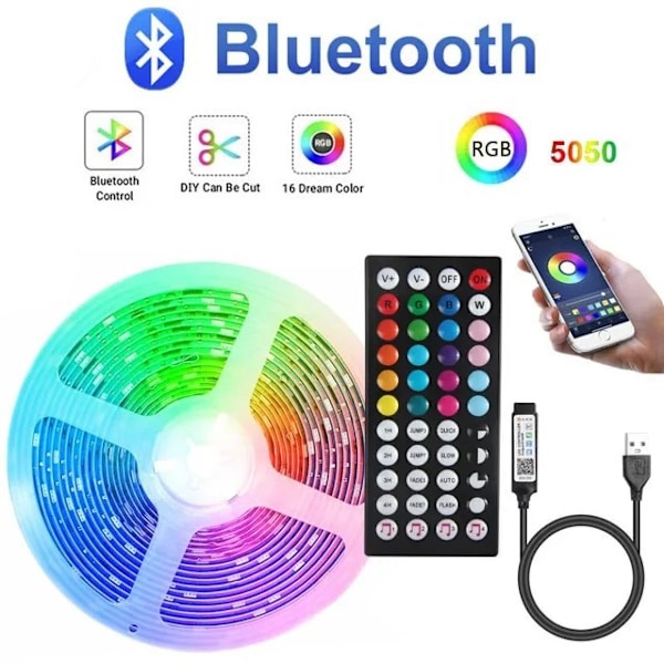 20m LED-lys Bluetooth RGB-lys LED-båndlys med 44-tasters fjernbetjening Musiksynkronisering Farveskiftende LED-stemningsstrimmel Fule53-5050 3key Usb-25m Fuld sæt