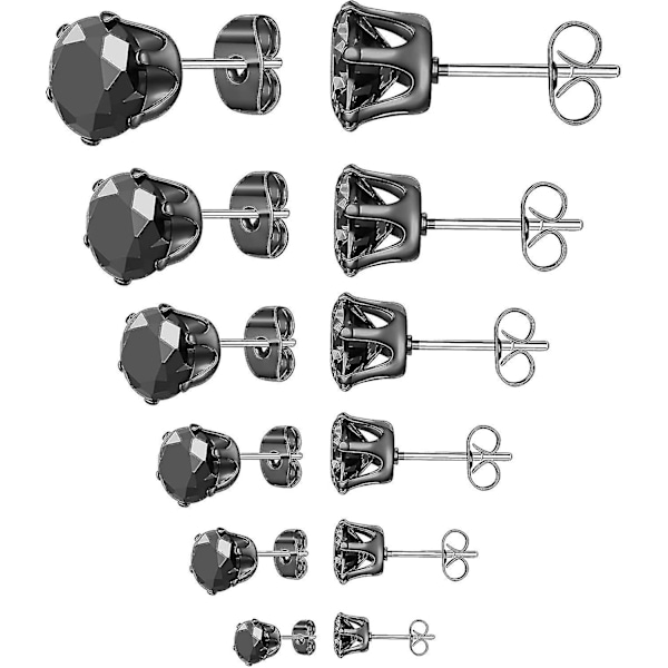 6 par ørestikker sæt, klar kubisk zirkonia 316l rustfrit stål øreringe til kvinder til mænd 3-8 mm sort guld