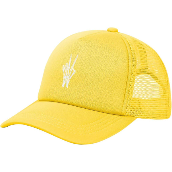 Hurtig shopping Skelet hånd fredstegn Trucker Hat Sort Baseball Cap Sjov Mesh Hat til mænd og kvinder（One Size，Gul）