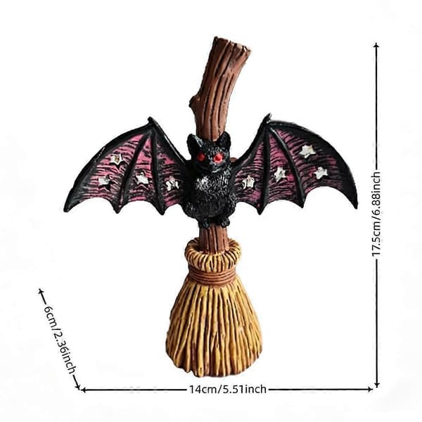 Flagermus og kost-skulptur i harpiks med LED-lys til Halloween-bordpynt 2pcs