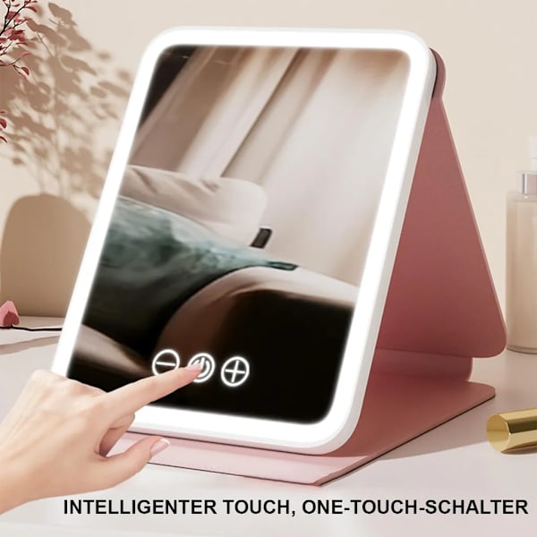 Foldbar Makeup Spejl med Lys, Genopladeligt Bærbart Rejsespejl, Touch Screen med 3 Farver Lys, Trinløs Justerbar, Pink