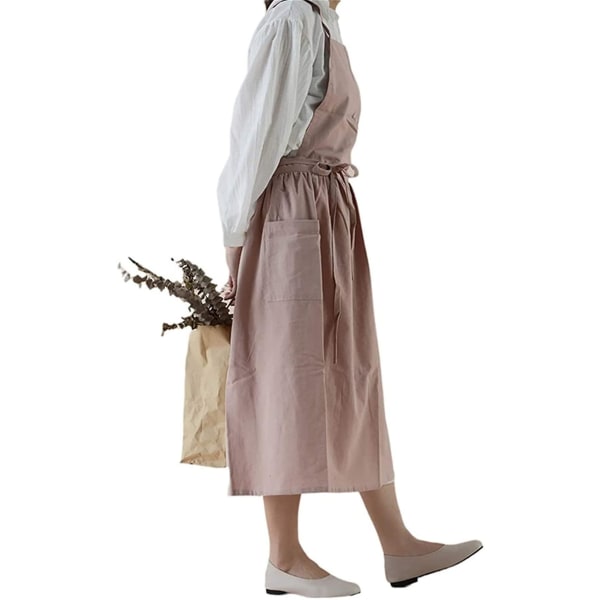 Enfärgad bomullsförkläde med fickor korsband casual haklappsförkläde matlagning trädgårdsarbete kafé