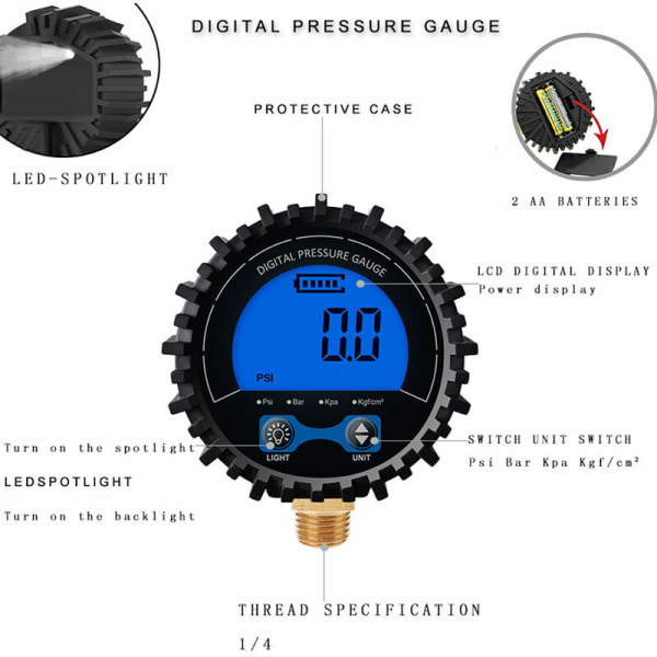 Digital dæktryksmåler med høj præcision med baggrundsbelysning, LCD-display, lufttryksmåler af kobbertråd