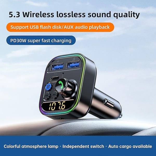 Bluetooth 5.3 FM-sender En-knapps Bass Mp3-spiller Trådløs håndfri biladapter Qc3.0 Pd30w Hurtiglader